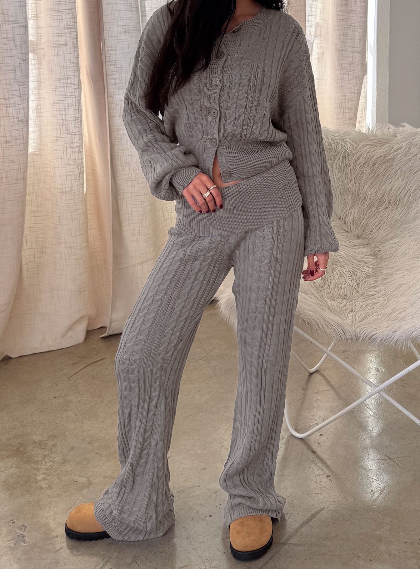 0-modelinfo-aisha-us4_a1cfb717-5748-4f21-b834-c258f363c32c-1 Baleigh Cable Knit Foldover Trousers Grey - Image 1