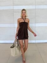 Jordonna Gathered Halter Mini Dress Chocolate