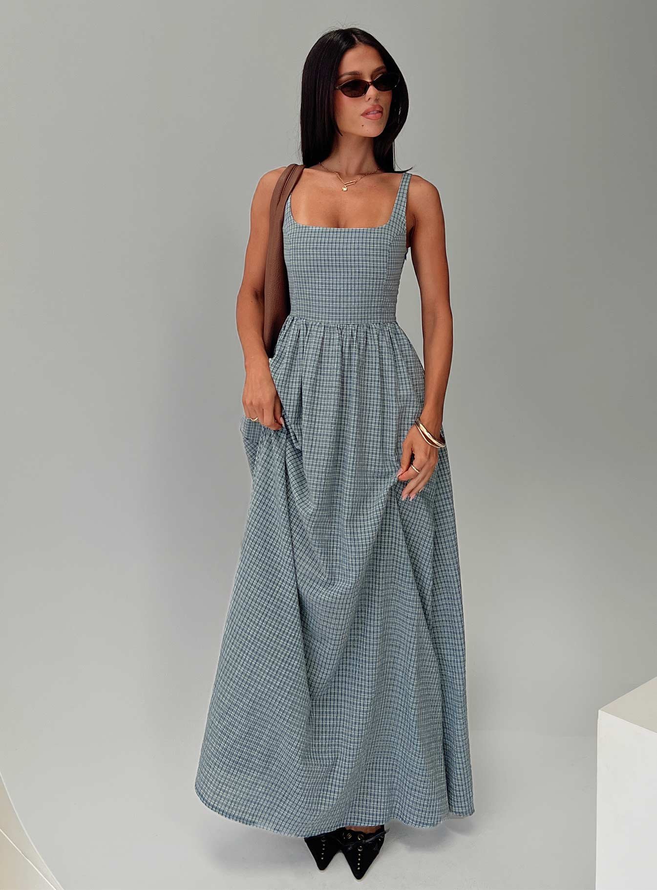 0-modelinfo-crystal-us2_42a848b7-d03a-4880-b574-88e4c528f877 Cartmel Check Maxi Dress Navy - Image 1