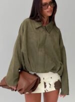 Enlightened Faux Suede Bomber Jacket Khaki - Image 8
