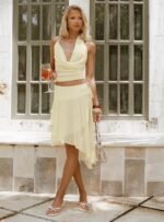 Evaleine Asymmetrical Chiffon Midi Skirt Baby Yellow - Image 9