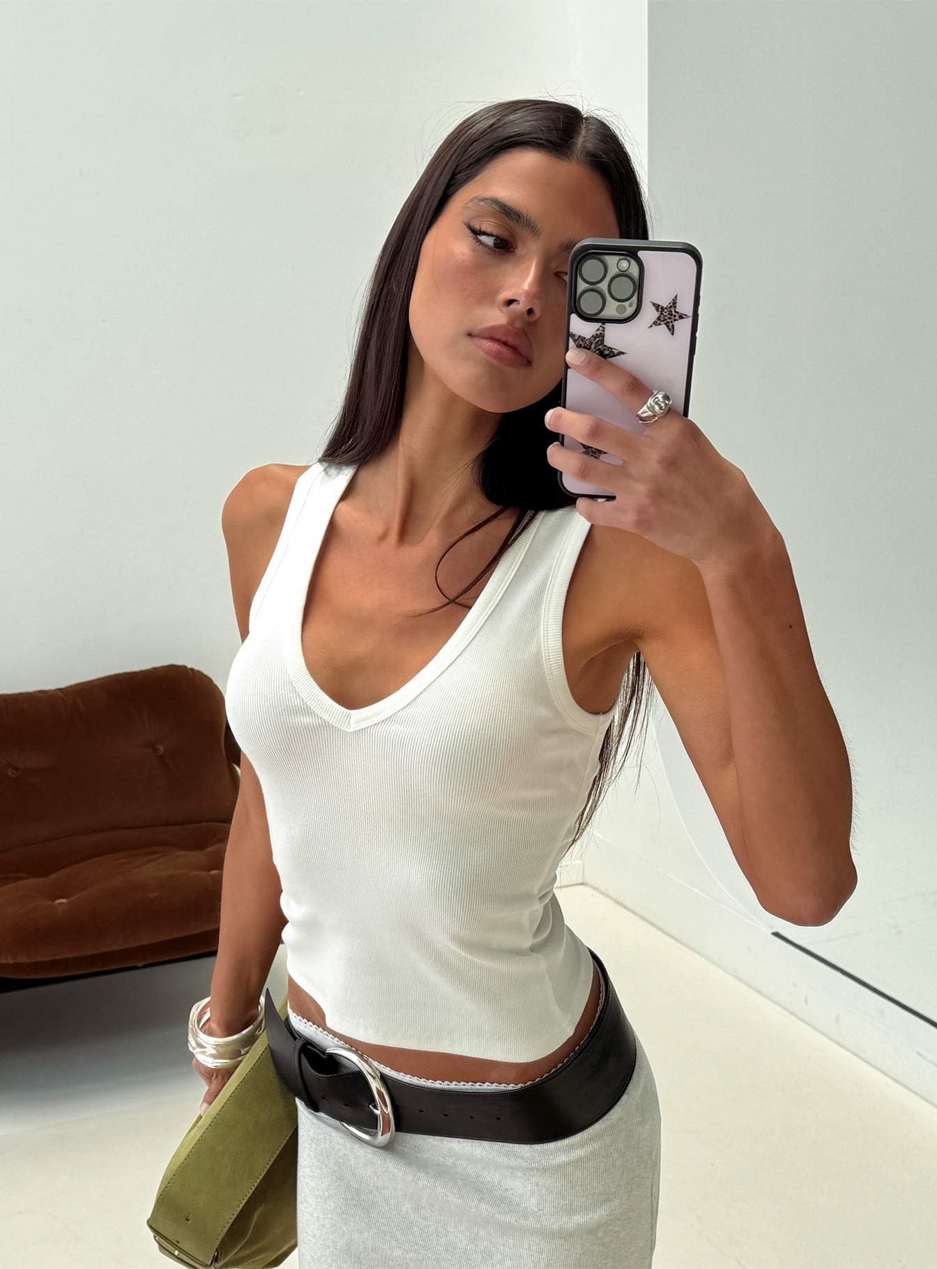 0-modelinfo-lauren-us2_a4dd748f-00c3-4399-9bdc-eb53e689d31b-1 Baseline V Neck Rib Vest Top White - Image 1