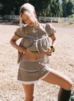 Chandelier Mini Lace Trim Shorts Brown Check