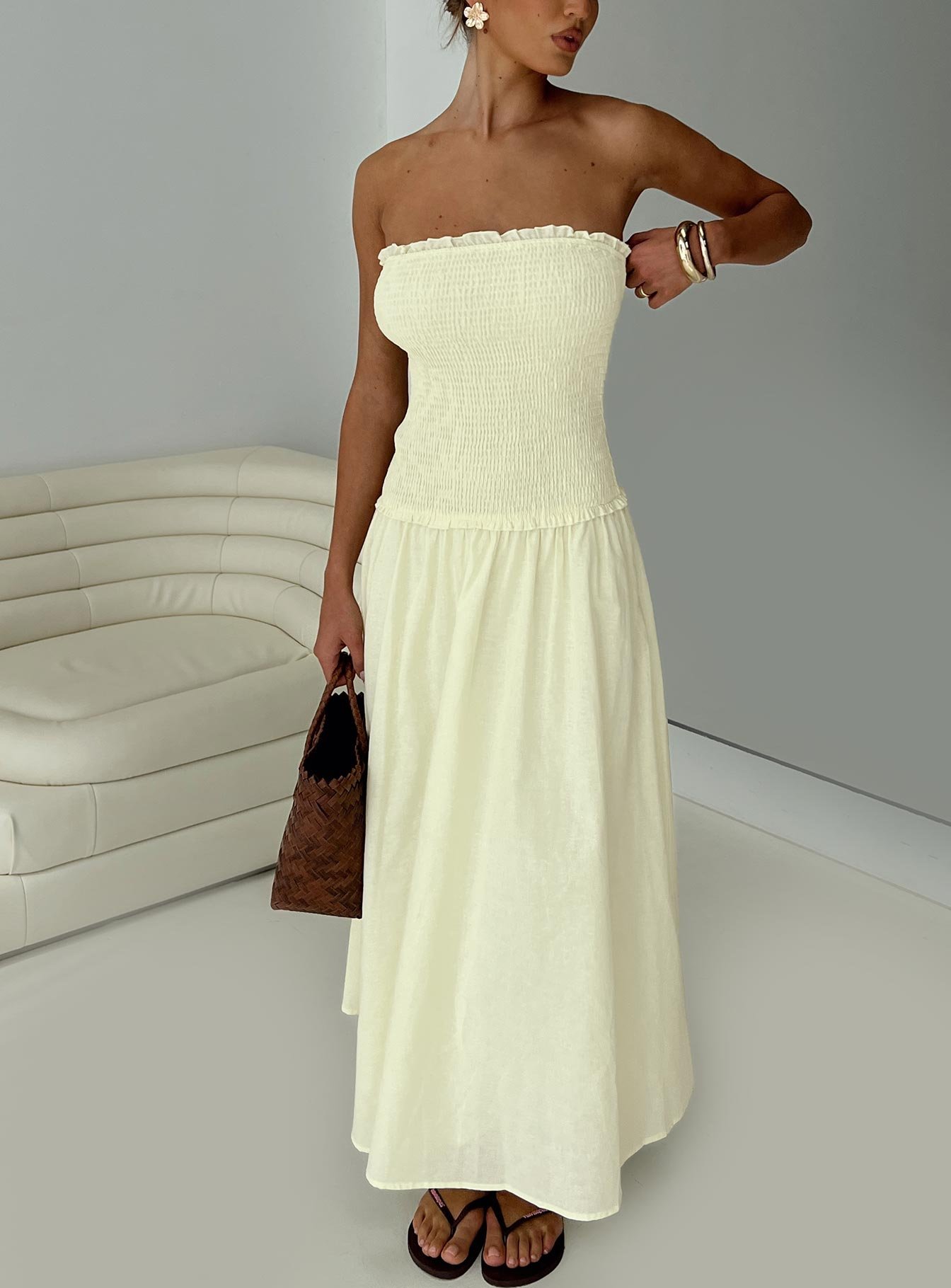 0-modelinfo-melita-us4_e772a4ea-a9aa-4d05-b7dd-cf33fe3465c1 Tinsie Strapless Maxi Dress Yellow - Image 1