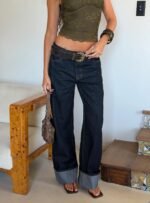 Top Model Low Rise Straight Leg Cuffed Jean Dark Denim