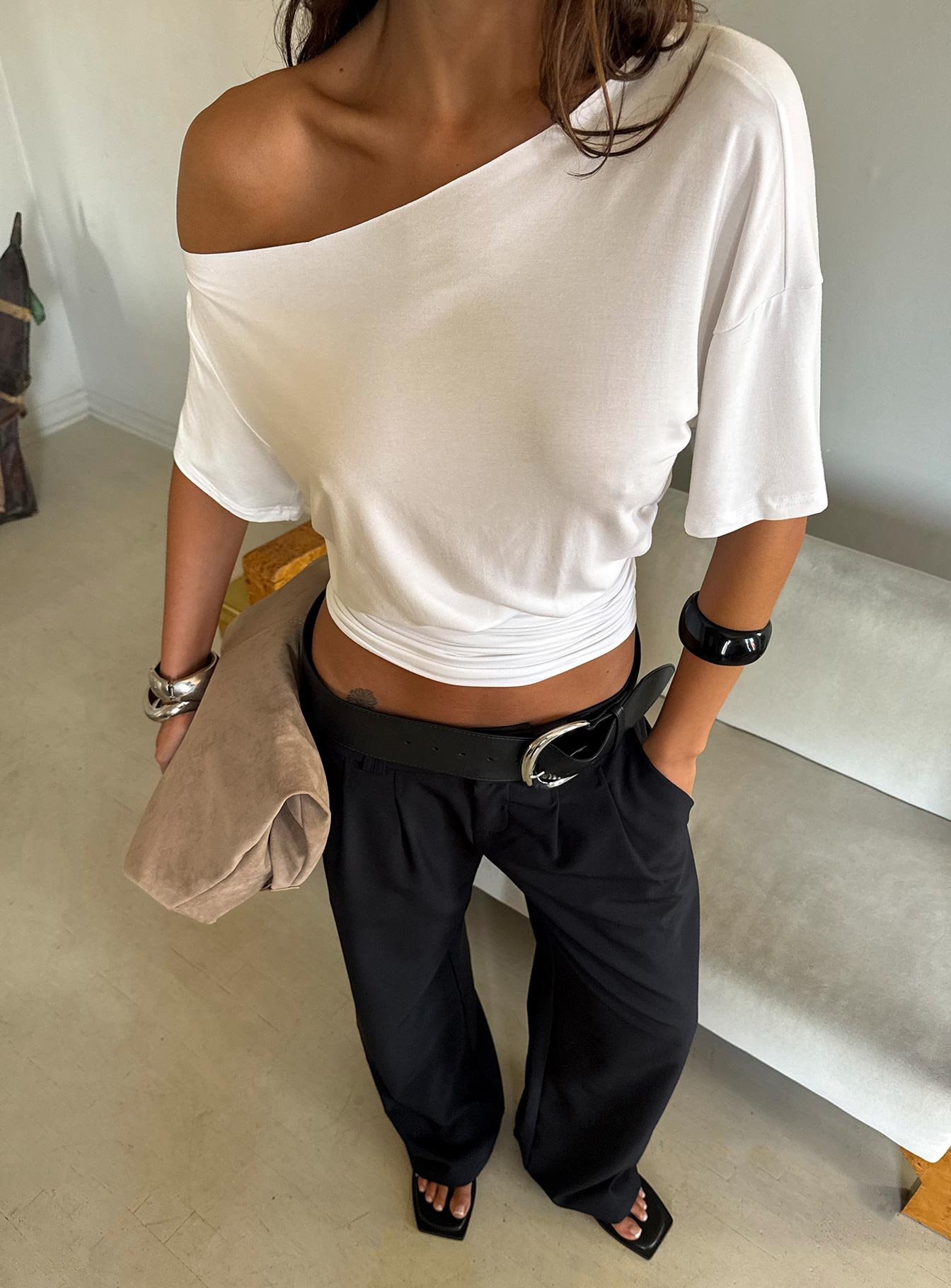 0-modelinfo-mia-us4_97c13d61-09ba-4605-ac3b-e3caf114d32b-1 Ashlinn Off Shoulder Drapey Top White - Image 1