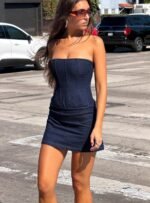 Irenah Strapless Denim Corset Mini Dress Dark Blue Wash