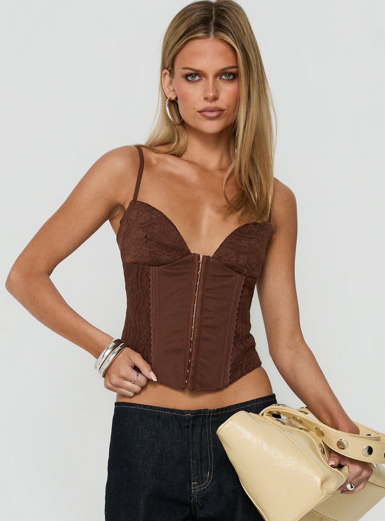 0-modelinfo-milla-us2_a50c81bd-e7fc-4967-9e59-78ffffd0b9e1 Francee Lace Corset Top Chocolate - Image 1