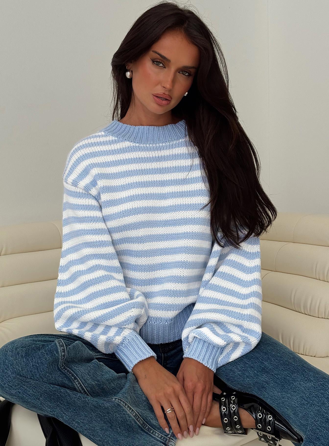 0-modelinfo-nat-us2_c6b217eb-8a74-4629-a513-1b3ab9d4c4f0 Harmony Balloon Sleeve Knit Jumper Blue / White Stripe - Image 1