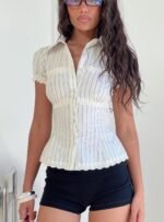 Deserve You Puff Sleeve Button Front Top Cream Stripe