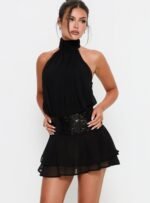 Zenayda Drop Waist Sequin Mini Dress Black - Image 2
