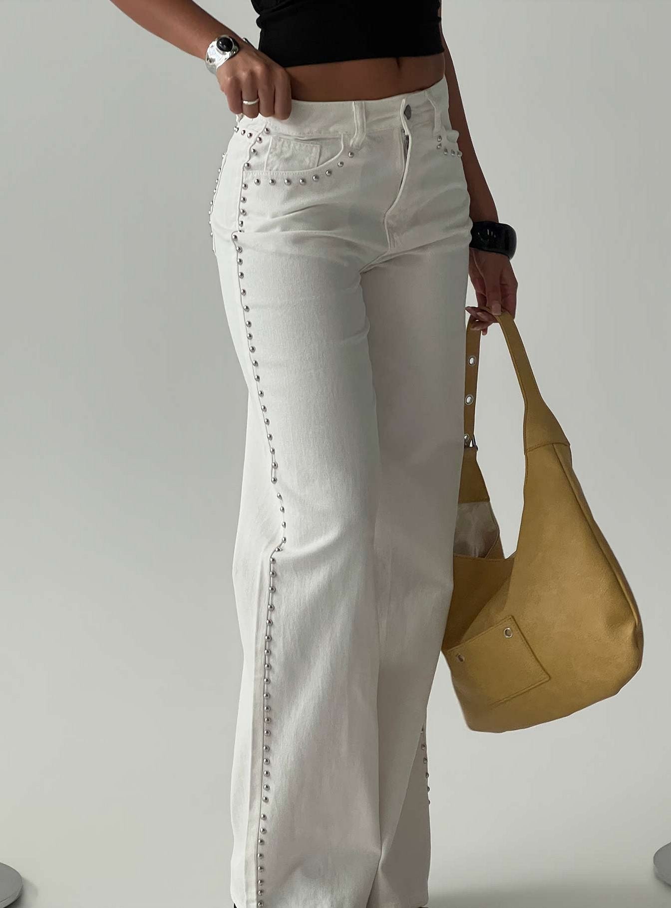 0-modelinfo-olivia-us2_d673a2af-2fa2-458d-89e5-faa8b14cc637 Saving Up Mid Rise Straight Leg Studded Jeans White - Image 1