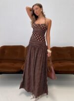 Marguerite Halter Maxi Dress Brown Polka Dot - Image 8