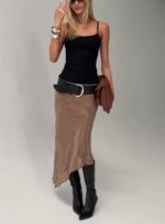 Suella Asymmetrical Midi Skirt Brown Polka Dot - Image 9