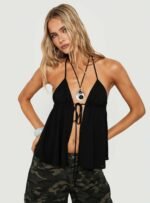 Top Form Tie Front Halter Top Black