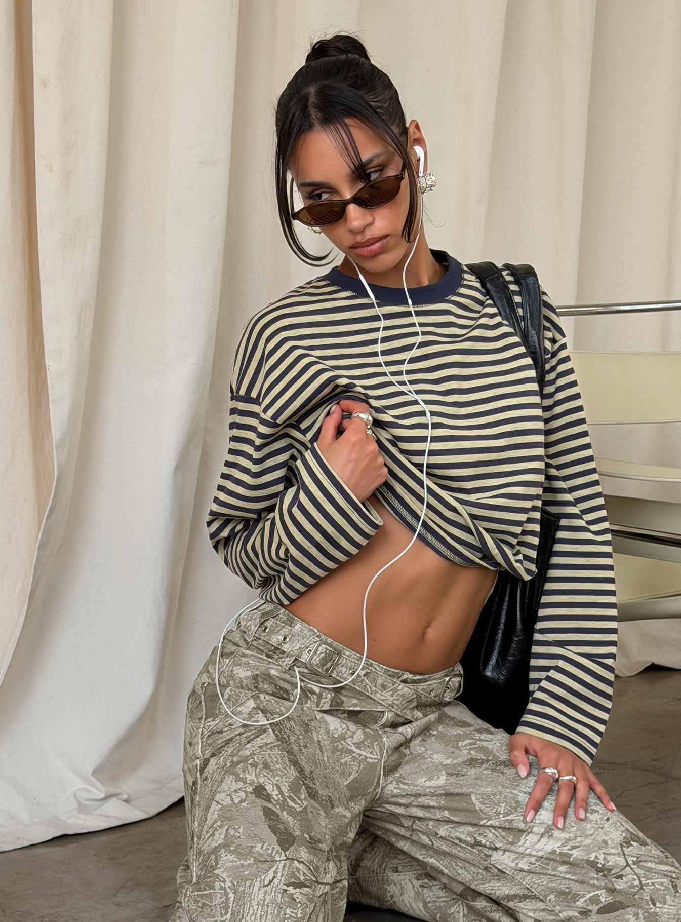 1-modelinfo-chiara-us4_52eca7b6-504f-4aee-9a6c-e9f70e788e37 Bloom Long Sleeve Top Beige Stripe - Image 1