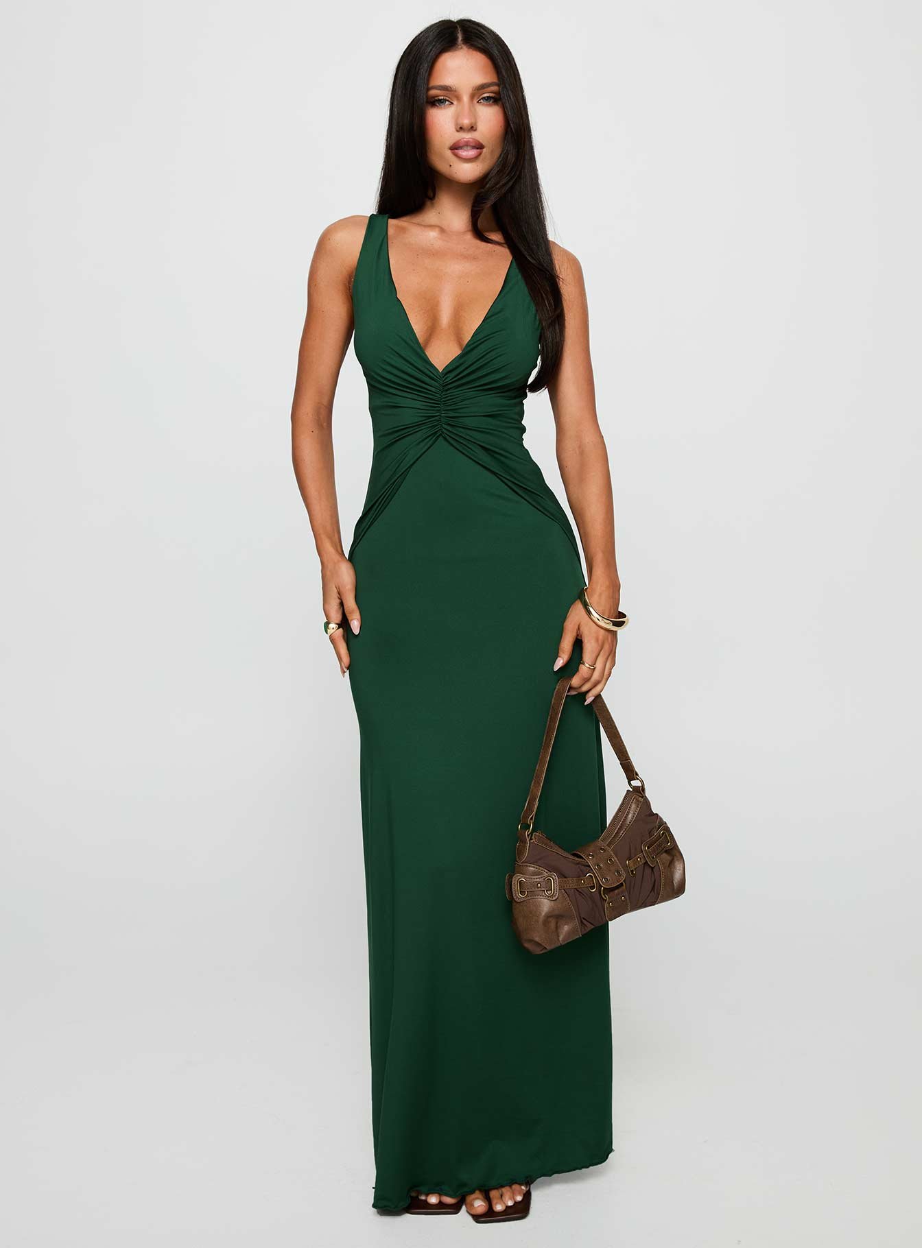 1-modelinfo-crystal-us2_79ff98ff-6d15-45d7-b40f-f1bd3cf969ef Frederica Plunge Maxi Dress Forest Green - Image 1