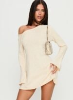 Jaede Off Shoulder Knit Mini Dress Cream - Image 2
