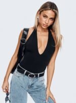 Kendrae Plunge Halter Bodysuit Black - Image 10
