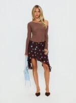 Hevenna Asymmetrical Chiffon Mini Skirt Brown / Blue Polka - Image 2