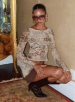 Edeline Bias Cut Long Sleeve Top Cream Animal - Image 11