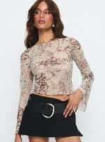 Edeline Bias Cut Long Sleeve Top Cream Animal - Image 2