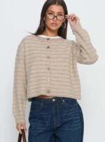 Raynna Button Up Cardigan Beige Stripe - Image 2