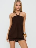 Jordonna Gathered Halter Mini Dress Chocolate - Image 3