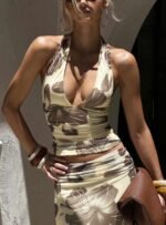 Roselin Mesh Halter Top Brown Floral