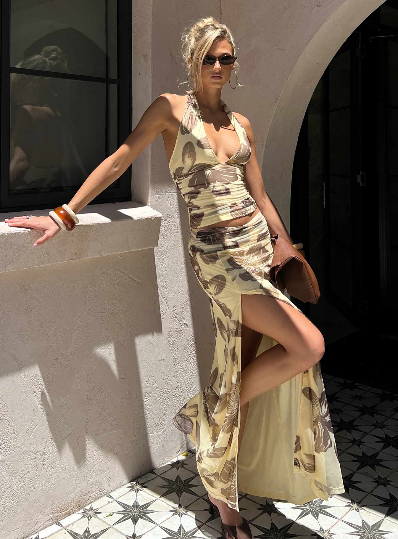 1-modelinfo-maddison-us2_7c208be5-ea21-46c6-be30-3d9745d03dfc-1 Roselin Mesh Maxi Skirt Brown Floral - Image 1