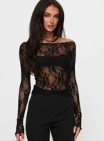 Junah Sheer Lace Long Sleeve Top Black - Image 2