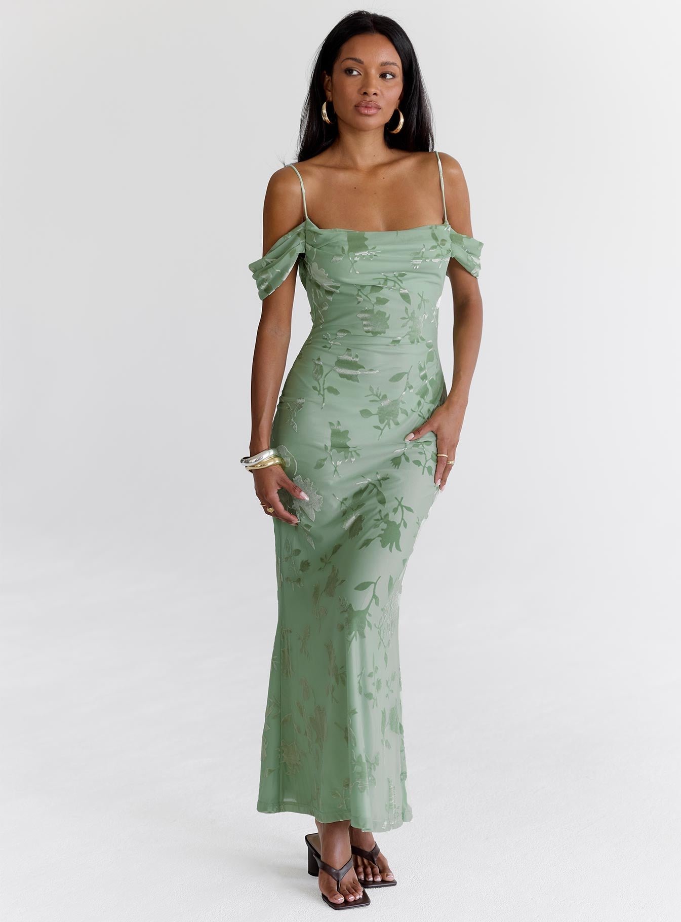 1-modelinfo-nat-us4_ac79d682-dcd0-42dd-b35f-16f9bae1d5a6 Green Gables Burnout Maxi Dress Sage - Image 1