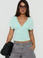 Mattey Cinched V Neck Top Turquoise - Image 2