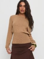 Xaria Off Shoulder Knit Jumper Tan - Image 2