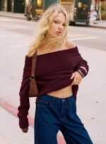 Parkley Boucle Off The Shoulder Jumper Burgundy - Image 2