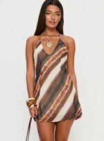 Esmira Halter Mini Dress Brown Stripe - Image 2