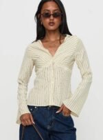 Life Begins Long Sleeve Lace Trim Top Cream Stripe - Image 2