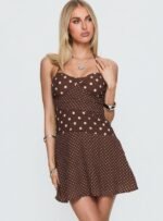 Marguerite Halter Mini Dress Brown Polka Dot - Image 2
