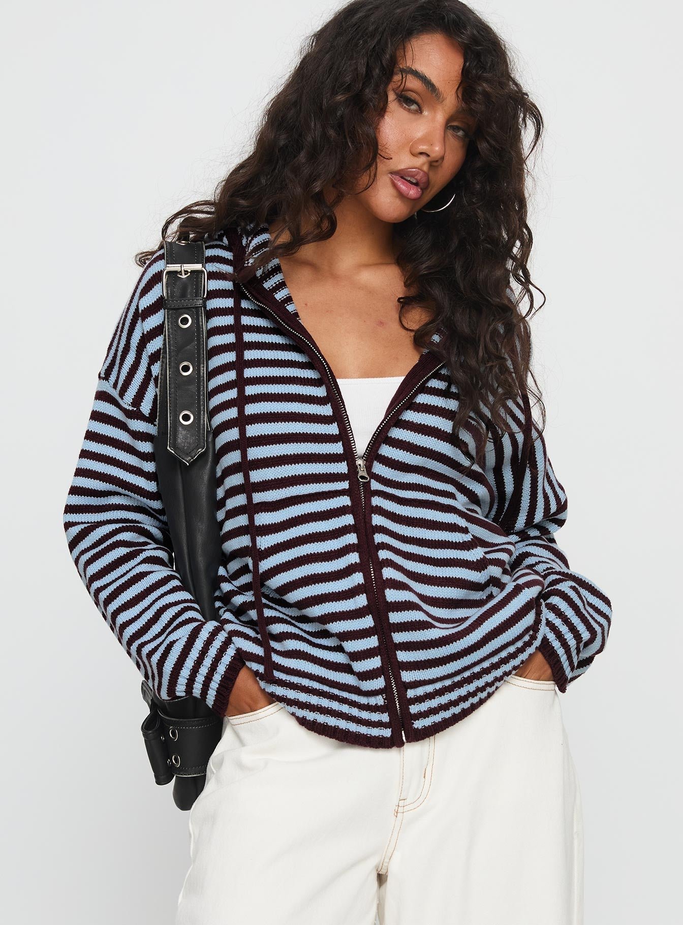 1-modelinfo-tamika-us4_11112441-48bd-4c64-bff6-4e92e0463566 Brienna Zip Jacket Burgundy / Blue Stripe - Image 1