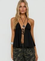 Top Form Tie Front Halter Top Black - Image 2