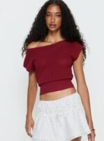 Cloud Tempo Boat Neck Cinched Knit Top Wine - Image 2