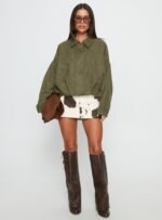 Enlightened Faux Suede Bomber Jacket Khaki - Image 3