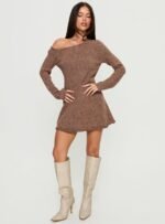 Jaede Off Shoulder Knit Mini Dress Mocha - Image 2