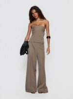 Madelle Mid Rise Straight Leg Pants Brown Pinstripe - Image 3