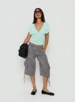 Mattey Cinched V Neck Top Turquoise - Image 3