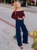 Parkley Boucle Off The Shoulder Jumper Burgundy - Image 3