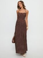 Marguerite Halter Maxi Dress Brown Polka Dot - Image 3