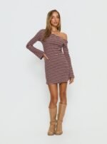 Adrietta Long Sleeve Off Shoulder Mini Dress Chocolate / Pink Stripe - Image 2