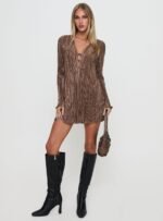 Malop Long Sleeve Mini Dress Chocolate - Image 3