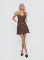 Marguerite Halter Mini Dress Brown Polka Dot - Image 3